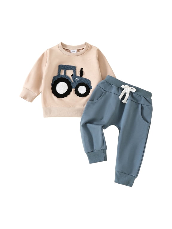 18 Month Boy Clothes Pocket Trousers Cartoon Baby Boy Outfits Ribbed Sweatshirt Suit Fall Outfits