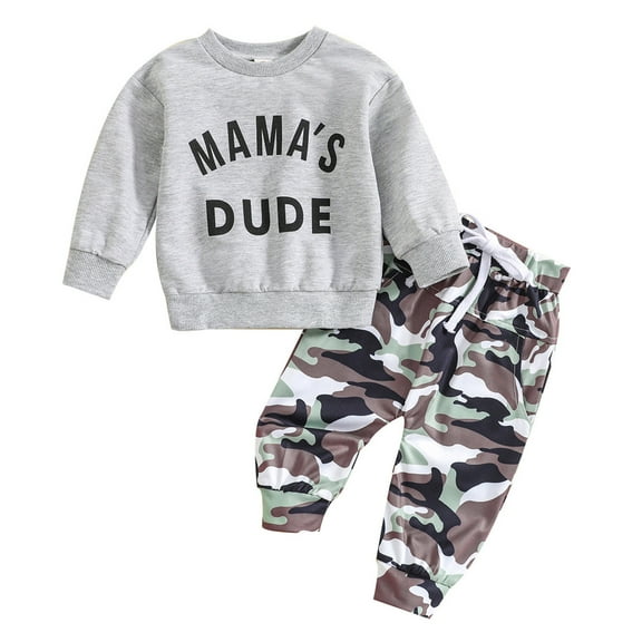 Xudanell 24 Month Boy Clothes Camouflage Clothing White Letter Long Sleeved Hoodie Top Camo Pants Baby Boy Clothes 18-24 Months Grey