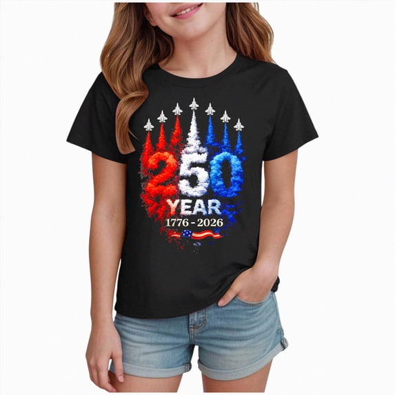 Xudanell 250 Anniversary USA Shirt for Girls 250 America Shirt Short Sleeve Patriotic Flag Print Cute Tops 1776-2026 Tshirt Kids (Black, 3-4 Years)