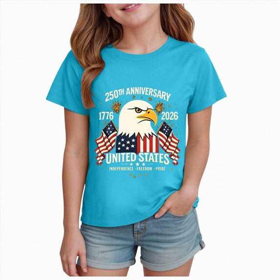 Xudanell 250th Anniversary Usa Shirts Girls T-Shirt Flag Graphic Tops Summer Independence Day Celebration Wear Sky Blue 2-3 Years