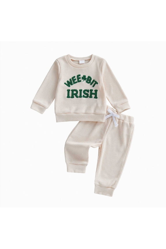 2Pcs Newborn Baby Boy St Patricks Day Outfit Waffle Knit Sweatshirt T-Shirt Top Pants Set Toddler Fall Winter Clothes (Beige, 0-6 Months)