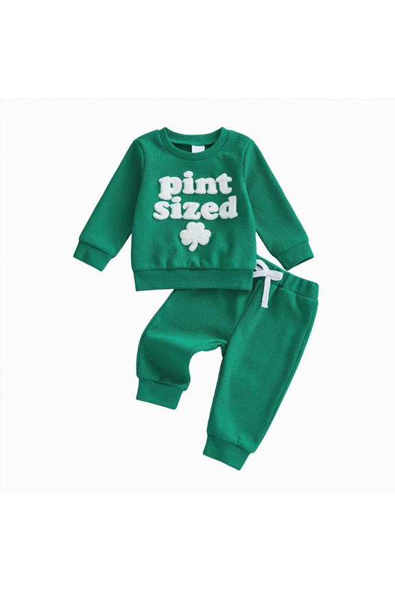 2Pcs Newborn Baby Boy St Patricks Day Outfit Waffle Knit Sweatshirt T-Shirt Top Pants Set Toddler Fall Winter Clothes (Green, 12-18 Months)