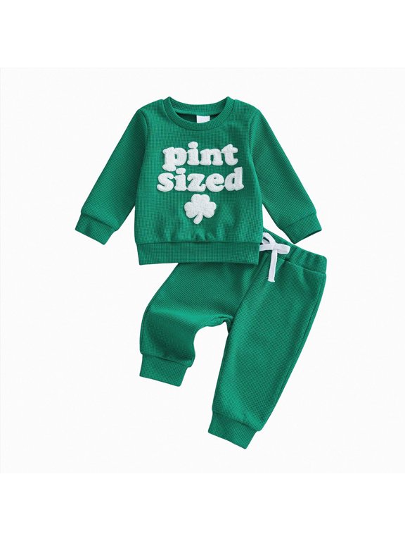 2Pcs Newborn Baby Boy St Patricks Day Outfit Waffle Knit Sweatshirt T-Shirt Top Pants Set Toddler Fall Winter Clothes (Green, 12-18 Months)
