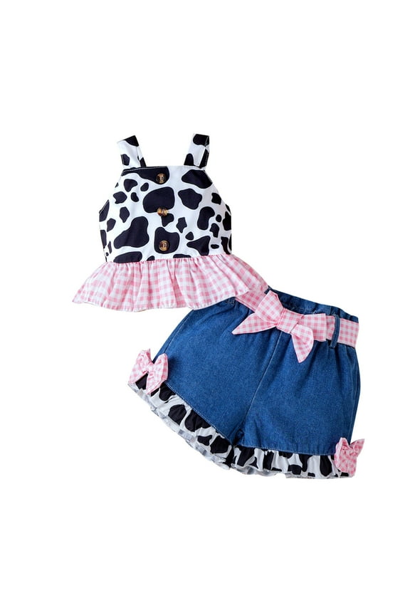 2nd Birthday Outfit Girl Ruffle Cow Print Baby Denim Outfit Clothes Button Down Top and Belted Shorts