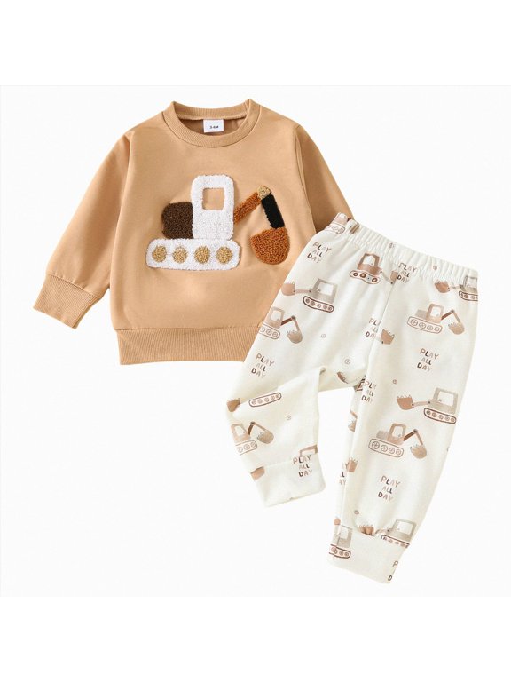 3 6 12 18 24 Month 2T 3T Boy Clothes Farm Tractor Embroidery Long Sleeve Sweatshirt Top+Long Pocket Pant Set Fall Outfits