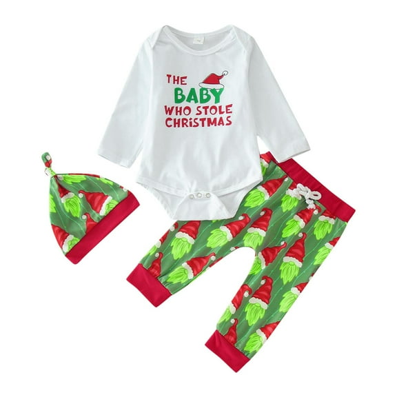 Xudanell 3PCS Boy Handsome Outfit Set Toddler Clothes for Boys Santa Shirt Hat Christmas Cartoon Prints Pants Sets 3-6 Months White