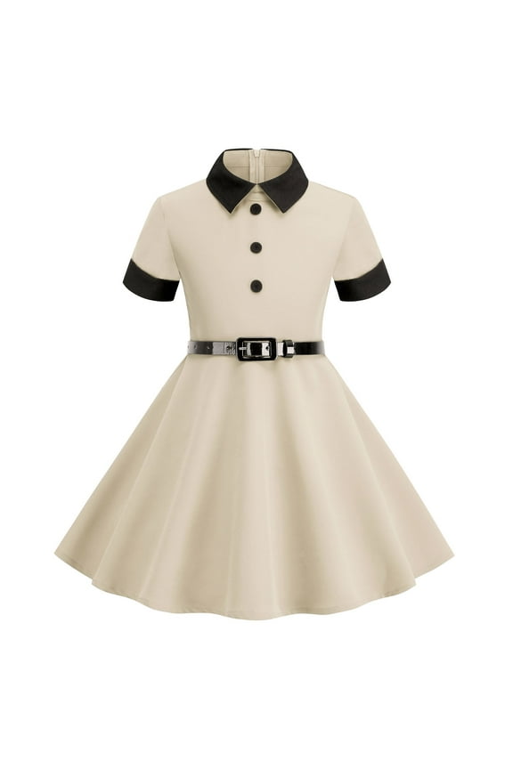 40s 50s Dress for Kids 1950s Dresses for Girls Collar Rockabilly Audrey Hepburn Prom Tea Party Swing Dress with Belt (Beige, 5-6 Years)