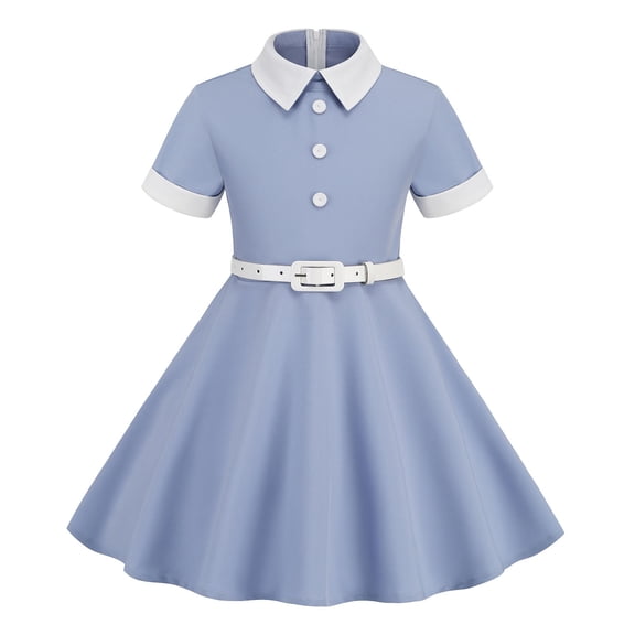 Xudanell 40s 50s Dress for Kids 1950s Dresses for Girls Collar Rockabilly Audrey Hepburn Prom Tea Party Swing Dress with Belt (Blue, 9-10 Years)