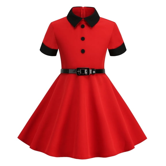 Xudanell 40s 50s Dress for Kids 1950s Dresses for Girls Collar Rockabilly Audrey Hepburn Prom Tea Party Swing Dress with Belt (Red, 9-10 Years)