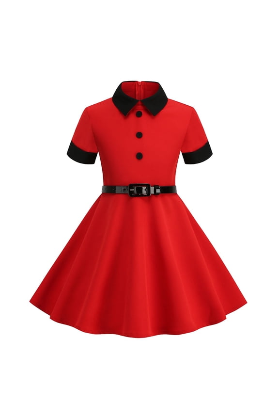 40s 50s Dress for Kids 1950s Dresses for Girls Collar Rockabilly Audrey Hepburn Prom Tea Party Swing Dress with Belt (Red, 9-10 Years)