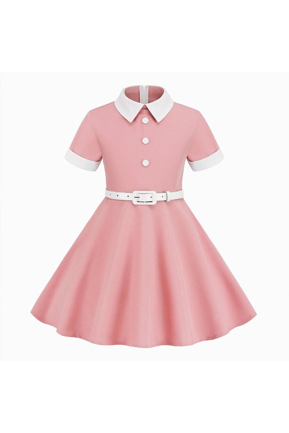 40s 50s Dress for Kids 1950s Dresses for Girls Collar Rockabilly Audrey Hepburn Prom Tea Swing Dress with Belt (Pink, 5-6 Years)