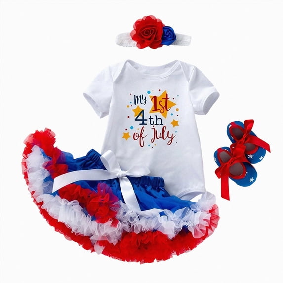 Xudanell 4th of July Baby Girl Outfits Letter Prints Romper Skirt and Headband Shoes 4pcs My First Fourth of July Short Sleeve Outfits White 3-6 Months
