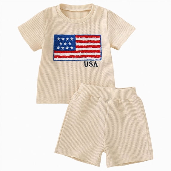 Xudanell 4th of July Baby Boy Outfit Toddler Fourth of July Clothes USA American Flag Waffle Knit T-shirts Shorts Set (6-12 Months,White)