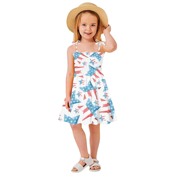 Xudanell 4th of July Girls Hawaiian Dress Independence Day Printed Camisole Dress Girls White Dress