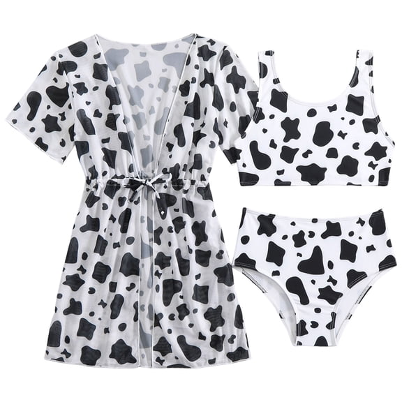 Xudanell 5-16T Girls 3 Piece Bikini Swimsuit Quick Dry Bathing Suit with Kimono Cover Up (Black, 12-13 Years)