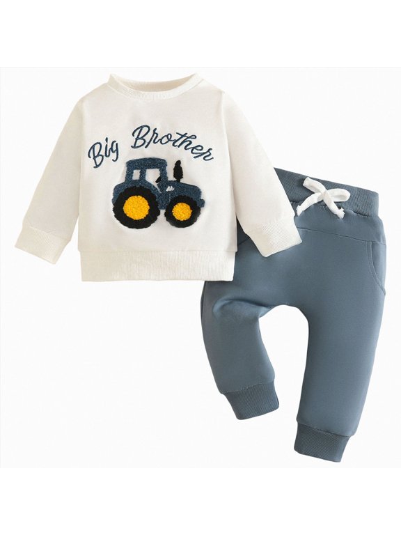 6 12 18 24 Month 2T 3T Boy Clothes Letter big brother Tractor Embroidery Long Sleeve Sweatshirt Pullover Solid Pocket Pants Set Cartoon Baby Boy Fall Outfits