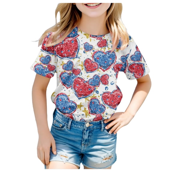 Xudanell American Flag Shirts Girls Patriotic Shirt USA Flag Stars Stripes Print T-Shirt 4th of July Tee Tops Size 4-5 Years
