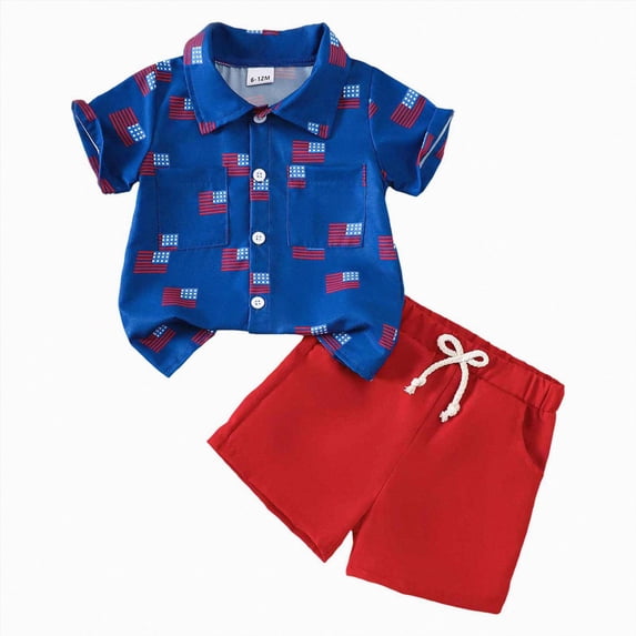 Xudanell Baby Boy 4th of July Outfits Short Sleeve Star All Over Print Button down Shirt Shorts Set Toddler Clothes Dark Blue 1-2 Years