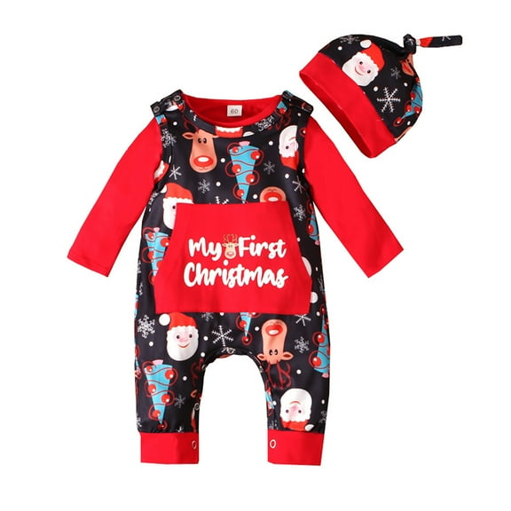 Xudanell Baby Boy 6-9 Months Set Christmas Pattern Print Hoodie Casual Romper Suspender Pants Fall Outfits Red 0-3 Months
