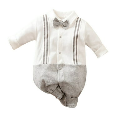 Xudanell Baby Boy Clothes 6-9 Months Gentleman Clothes Romper Jumpsuit Cotton Long Sleeve Pockets Bow Tie Preemie Clothes Boys 9-12 Months White