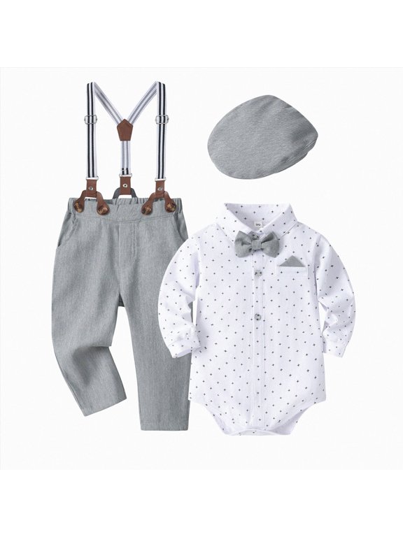 Baby Boy Clothes Set Infant Gentleman Wedding Outfits Dress Romper Ring Bearer Beret Hat Suspenders Bowtie Suits(Grey, 3-6 Months)