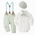 thumbnail image 1 of Xudanell Baby Boy Clothes Set Infant Gentleman Wedding Outfits Romper Ring Bearer Beret Hat Suspenders Bowtie Suits (Light Green, 9-12 Months), 1 of 5