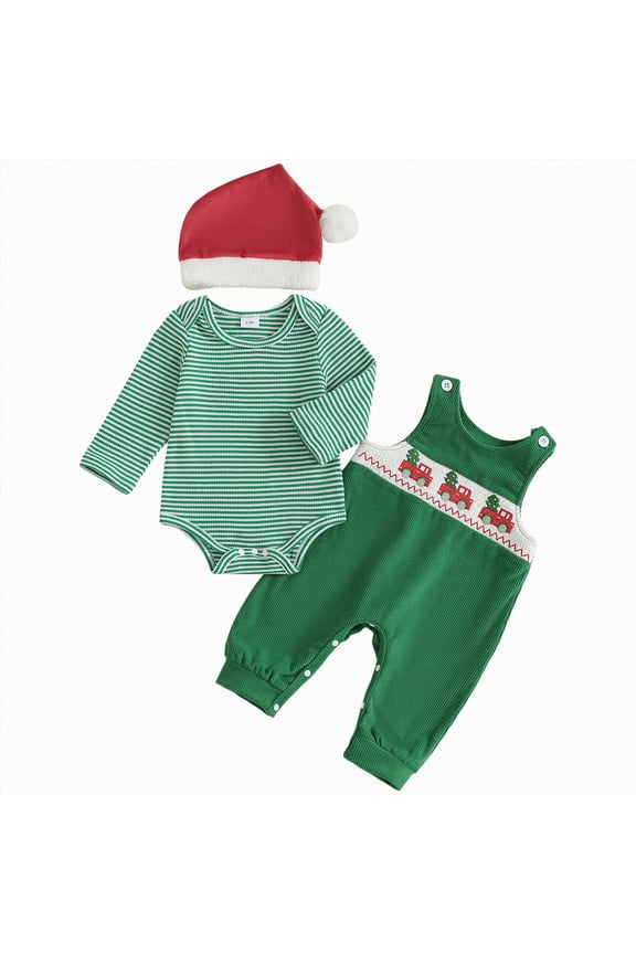 Baby Boy Easter Outfit Newborn Stripe Romper+Bunny Overall Pants+Hat Infant Boys First Easter Outfit (Green, 3-6 Months)