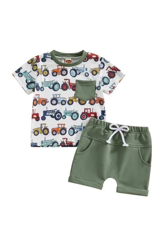 Baby Boy Farm Clothes Western Cow/Animals Farm Themed Shirt Top Solid Short Pant 2Pcs Summer Short Outfits (White, 2-3 Years)