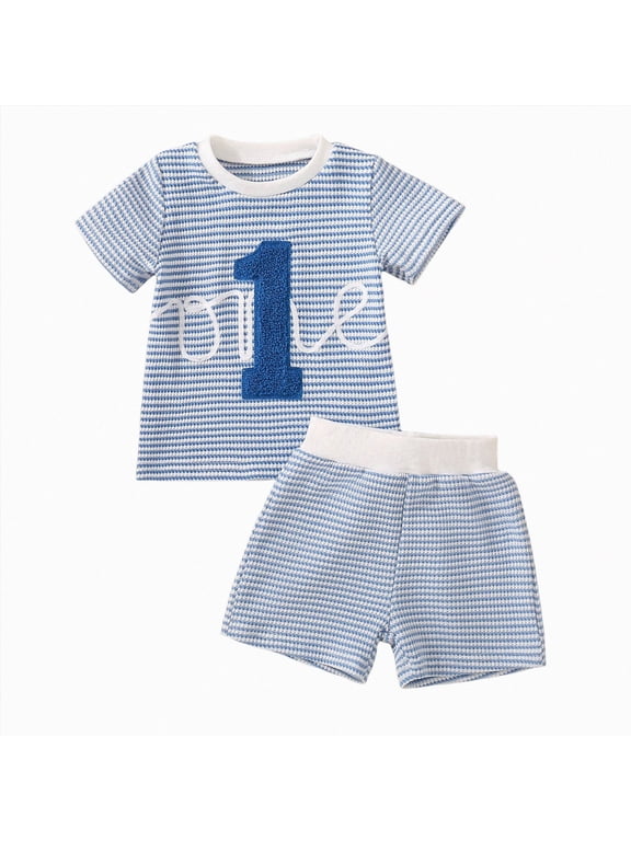 Baby Boy First Birthday Outfit One Embroidery Waffle Tops Short Sets 1st Birthday Outfit Summer Clothes 6 12 18 M (Blue, 6-12M)