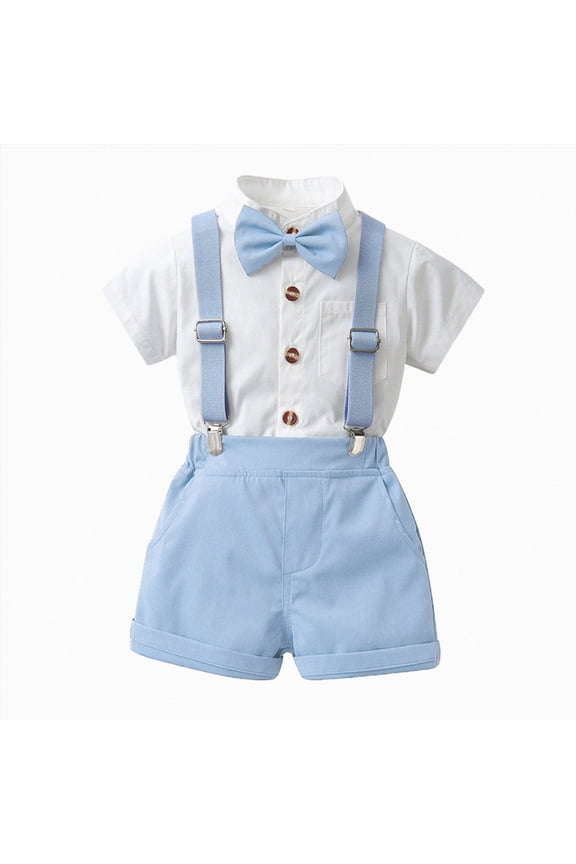 Baby Boy Formal Short Set Toddler Summer Gentleman Outfit Kid Short Sleeve Bowtie Shirt Suspender Shorts Suit (12-18 Months,Light Blue)