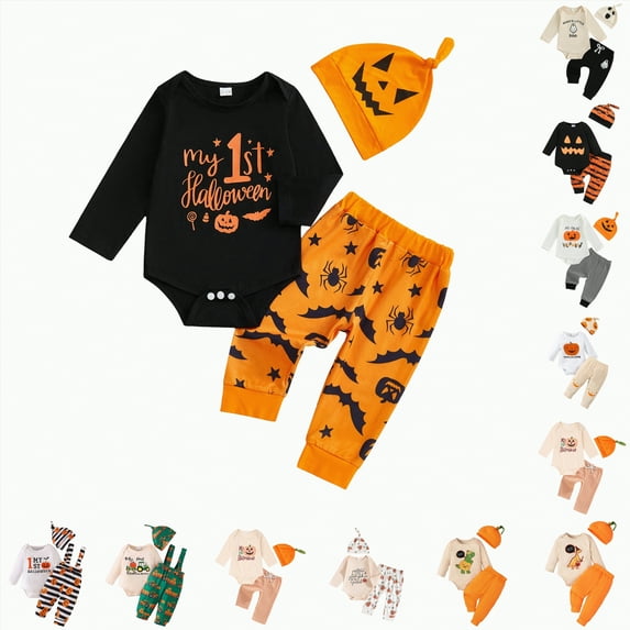 Xudanell Baby Boy Halloween Outfit Festival Outfit Romper Plaid Overalls Pants Hats Baby Boy Clothes 6-9 Months