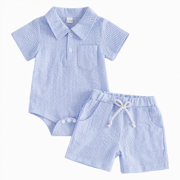 Xudanell Baby Boy Outfit Newborn Infant Soft Outfit Solid Color Button Top Drawstring Shorts 2 Piece Sets Blue 3-6 Months