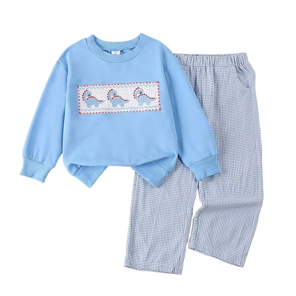 Xudanell Baby Boy Outfit Top Checkered Pants Plus Size Beach Outfits Dinosaur Prints Kids Clothes Breathable Light Blue 3-4 Years