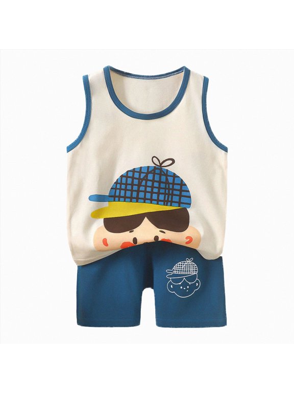 Baby Boy Outfits 4-5 Years Summer Graphic Sleeveless Tank Top Vacation Shorts Cotton Clothes Beige