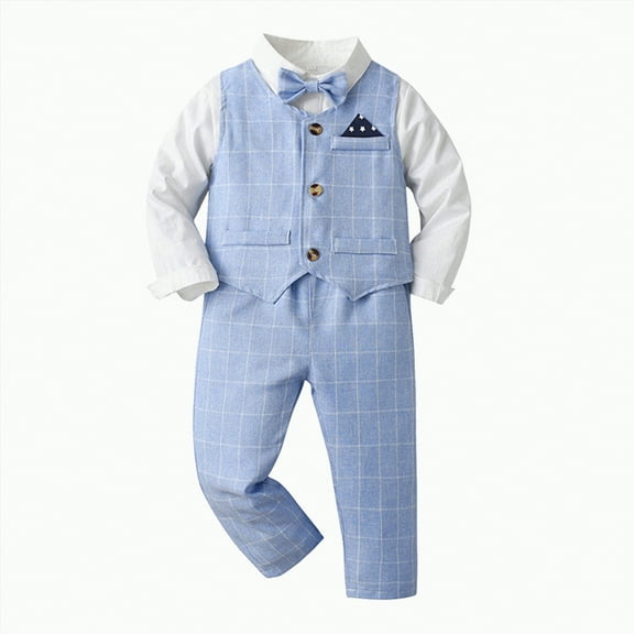 Xudanell Baby Boy Outfits 4pcs Child Gentle Outfits Plaid Shirt Tops Pants Toddler Suit for Boys Coat with Tie