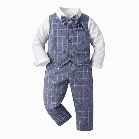 Xudanell Baby Boy Outfits 4pcs Child Gentle Outfits Plaid Shirt Tops Pants Toddler Suit for Boys Coat with Tie