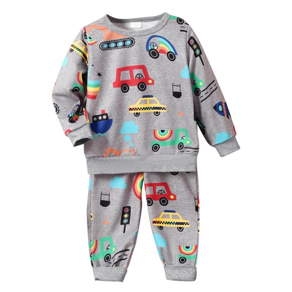 Xudanell Baby Boy Outfits Car Printed Long Sleeve Shirt Air Conditioning Clothing Printed Trousers 12-18 Month Boy Clothes Grey 18-24 Months