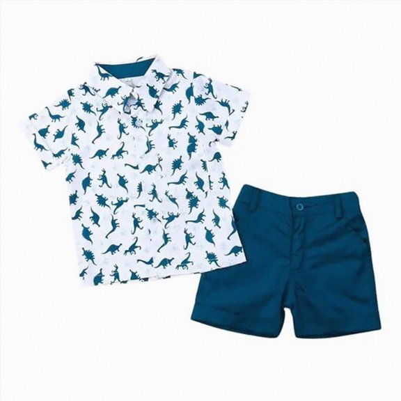 Xudanell Baby Boy Outfits Summer Dinosaur Print Short Sleeve Baby Boy Clothes Solid Color Shorts Vacation Outfits Blue 12-18 Months