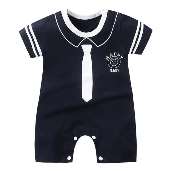 Xudanell Baby Boy Summer Outfit Romper Little Brother Lil Bro Embroidery Jumpsuit Cute Waffle Clothes (Navy, 6-12 Months)