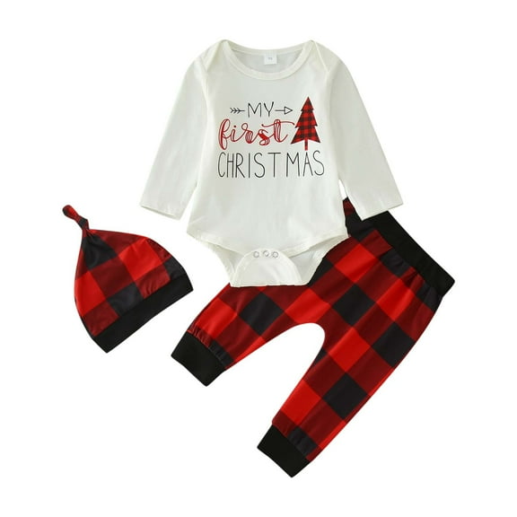 Xudanell Baby Boy Winter Clothes Christmas Pants Outfit Set Toddler Plaid Pants Hat Prints Romper Comfy Activewear 0-3 Months White