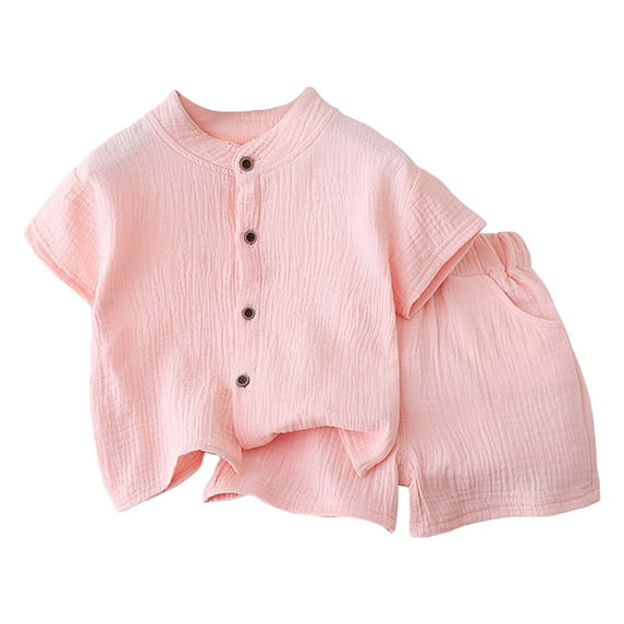Xudanell Baby Boys Short Set Toddler Boys Button Down Short Tops with Cotton Gauze Shorts Summer Beach Outfit (Pink, 3-4 Years)