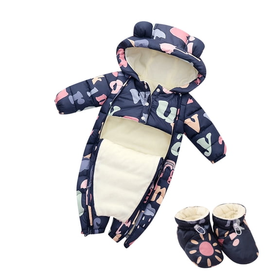 Xudanell Baby Boys Winter Outfits Adorable Cartoon Hooded Snow Wear Jumpsuit Warm Romper Coat with Shoes Girls Set Clothes Navy 0-6 Months
