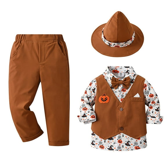 Xudanell Baby Clothes Boy Pointed Hat Pumpkin Print Two-Piece Shirt Top Solid Color Slim Pants Boys Gentle Wedding Set 2-3 Years Brown