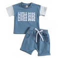 thumbnail image 1 of Xudanell Baby Crewneck Outfits Letter Print Colorblock Tee and Short Set Graphic Short Sets Blue 0-6 Months, 1 of 7