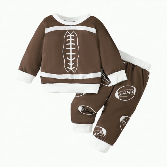 Xudanell Baby Football Outfit Sweatshirt Pants 18 Months Boy Clothes Warm Set with Rugby Printed Activewear Brown 18-24 Months