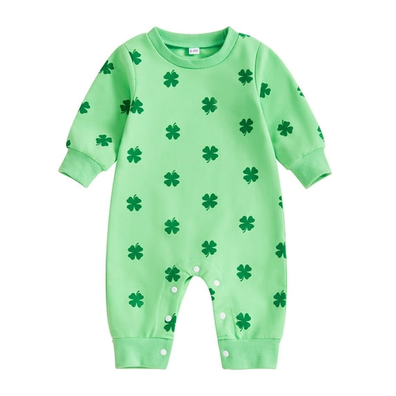 Xudanell Baby Girl Boy St Patricks Day Outfit Four Leaf Clover Romper Long Sleeve Bodysuit Jumpsuit 0-18M (Light Green, 3-6 Months)
