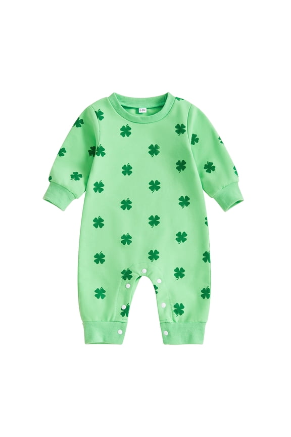 Baby Girl Boy St Patricks Day Outfit Four Leaf Clover Romper Long Sleeve Bodysuit Jumpsuit 0-18M (Light Green, 3-6 Months)