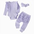 thumbnail image 1 of Xudanell Baby Girl Clothes Newborn Infant Fall Winter Outifts Ribbed Ruffle Long Sleeve Romper Pant Outfit Set 3pcs 0-18Months(Light Purple, 6-12 Months), 1 of 5