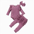 thumbnail image 1 of Xudanell Baby Girl Clothes Newborn Infant Fall Winter Outifts Ribbed Ruffle Long Sleeve Romper Pant Outfit Set 3pcs 0-18Months(Purple, 18-24 Months), 1 of 5
