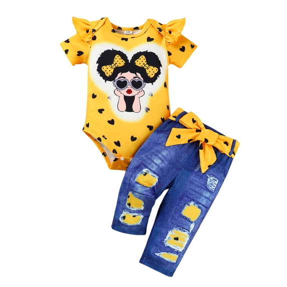 Xudanell Baby Girl Clothes Toddler Girl Outfits Infant Ruffle Shirt Denim Ripped Jeans Cute Clothing Set (Yellow, 9-12 Months)